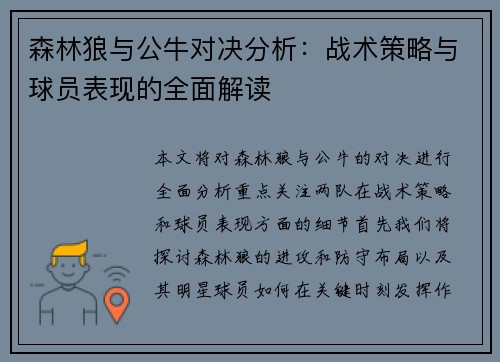 森林狼与公牛对决分析：战术策略与球员表现的全面解读