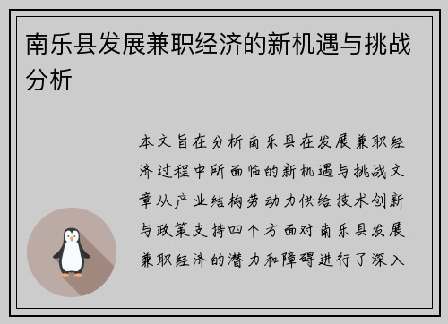 南乐县发展兼职经济的新机遇与挑战分析