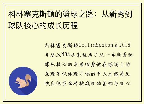 科林塞克斯顿的篮球之路：从新秀到球队核心的成长历程