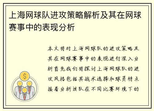 上海网球队进攻策略解析及其在网球赛事中的表现分析