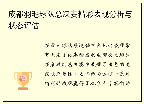 成都羽毛球队总决赛精彩表现分析与状态评估