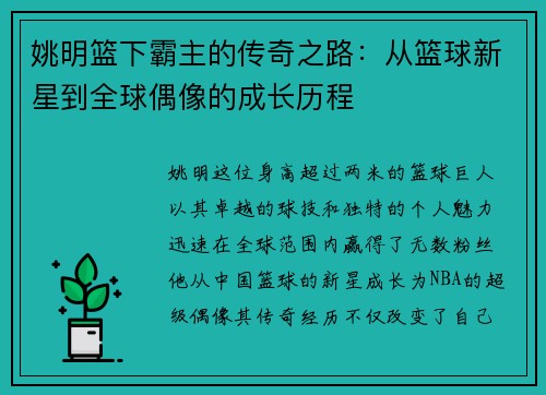 姚明篮下霸主的传奇之路：从篮球新星到全球偶像的成长历程
