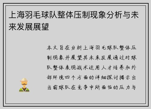 上海羽毛球队整体压制现象分析与未来发展展望