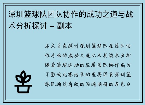 深圳篮球队团队协作的成功之道与战术分析探讨 - 副本