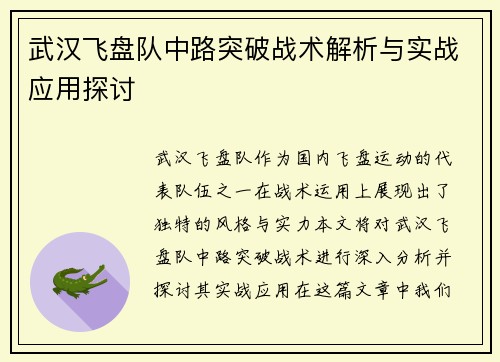 武汉飞盘队中路突破战术解析与实战应用探讨